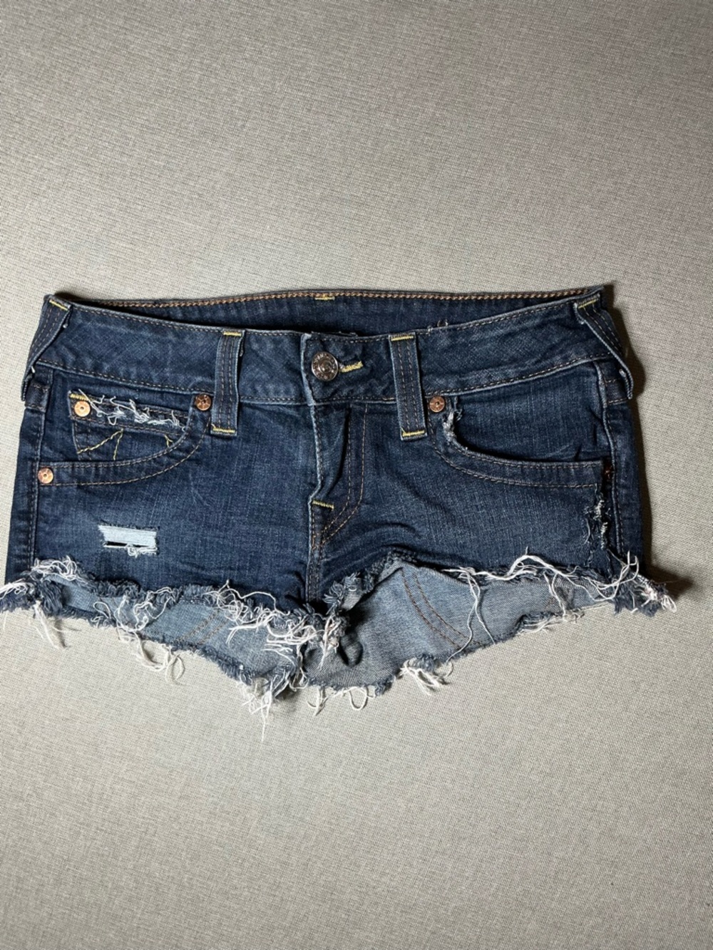 True Religion Dark Indigo Distressed Denim Cutoff Shorts